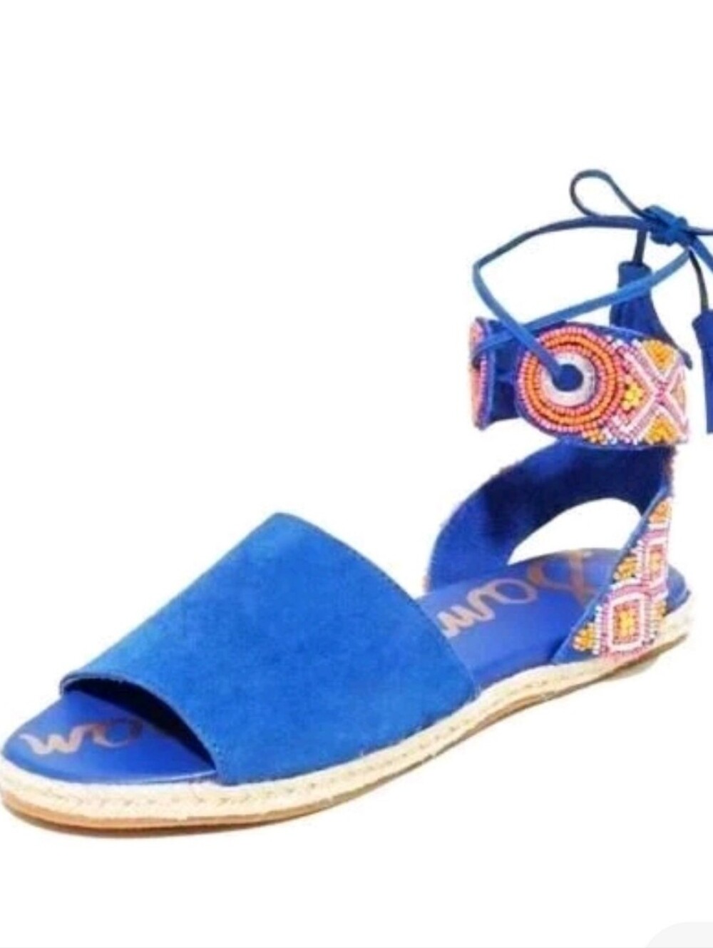Sam Edelman Shae Espadrille Beaded Leather Flat Sandal Blue Size 7 suede Euc